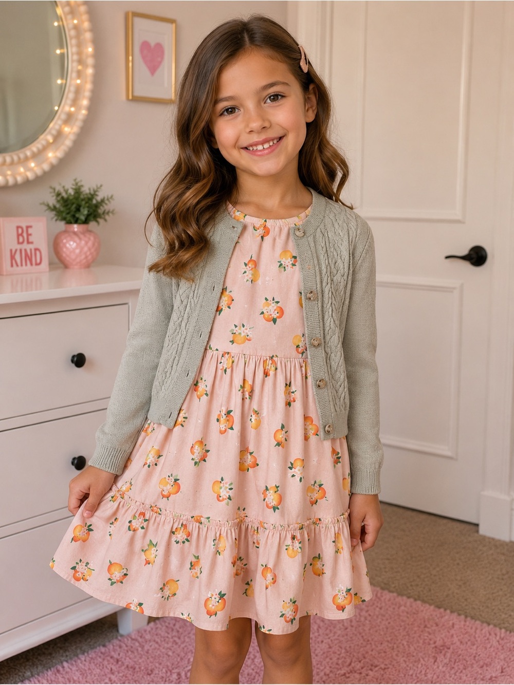 Kate spade Girls Pink Peach Print Tiered Dress with Mayoral Light Green Cardigan
